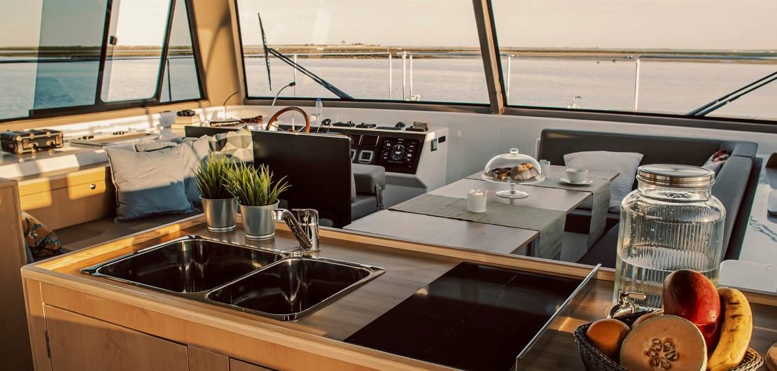 The helm station and galley